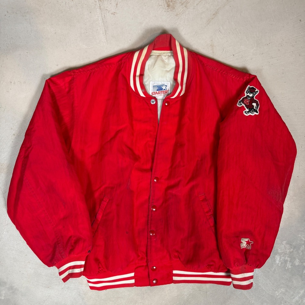 Vintage 80s Starter NC State Wolfpack Satin Varsity Jacket Large Red snap bomber